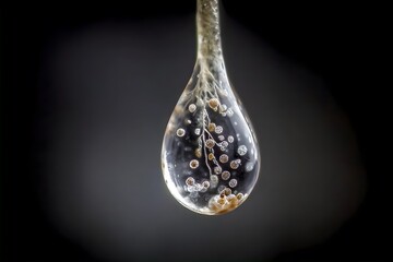 A clear droplet hangs in the air, containing small suspended particles that resemble tiny bubbles or seeds.