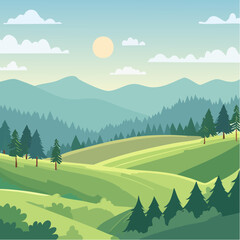 Fototapeta premium Lush Green Hills and Mountains Landscape Illustration.