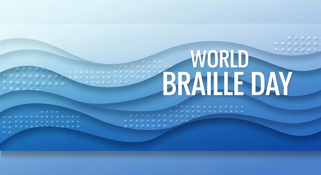 Abstract blue layered waves with world braille day text for awareness and celebration