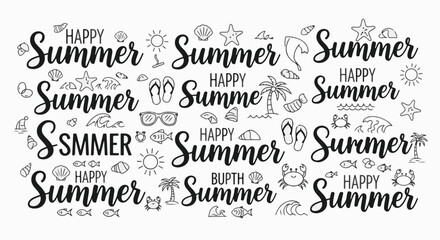 Obraz premium Text art featuring the word Summer repeated with doodles of summer-related items like sun, palm trees, seashells, flip-flops, and sea animals.