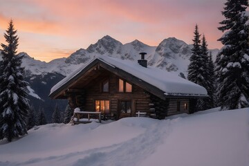 A cozy wooden cabin glows with warm light amid deep snow in a peaceful mountain landscape at sunset.