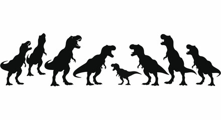 Silhouette of a group of dinosaurs, possibly Tyrannosaurus Rex, depicted in black against a white background. One dinosaur is notably smaller than the others.