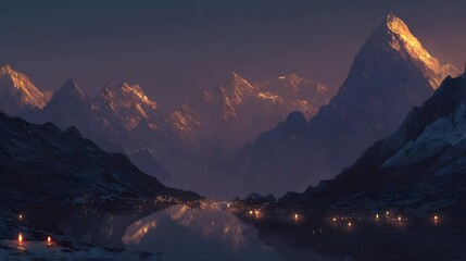 Snow-capped mountains glow at dusk above a calm lake dotted with small lights along the shore.