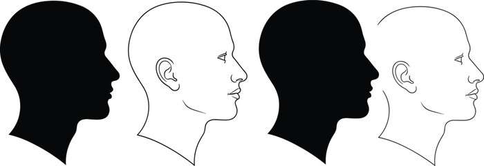 A set of male head profiles in side view, presented as alternating black silhouettes and white line art illustrations