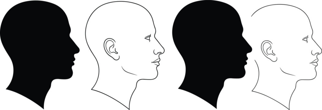 A set of male head profiles in side view, presented as alternating black silhouettes and white line art illustrations