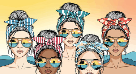 Illustrated women wearing headbands and sunglasses reflecting a tropical beach scene. Beachy, summery vibe, colorful headbands, sunny.