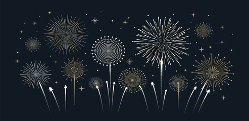 Elegant Display of Sparkling Fireworks Illuminating the Night Sky with Golden and Silvery Bursts, Creating a Festive Atmosphere for Celebrations and Special Events