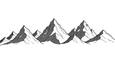 Black and white illustration of a mountain range with jagged peaks. Shading is achieved with horizontal lines. Simple and graphic style.