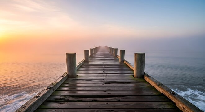 Wooden pier stretching into a misty sunrise over the ocean