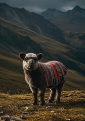 Obraz premium Fluffy domestic animal standing proudly among high mountains, decorated with brightly colored, handwoven traditional textile fabric ,pattern ,standing ,alpaca