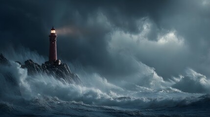 A tall red lighthouse stands firmly on rocky cliffs as massive stormy waves crash around it at night.