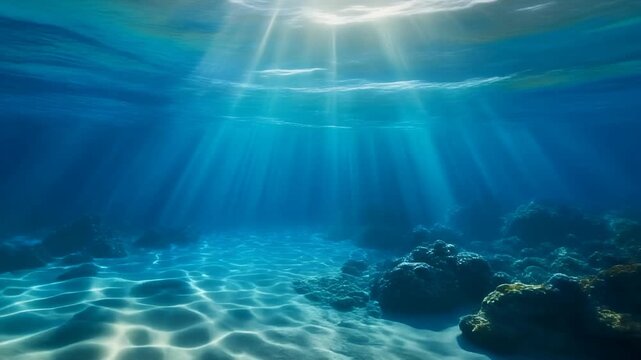 Underwater scene sunlight piercing blue water creating abstract patterns