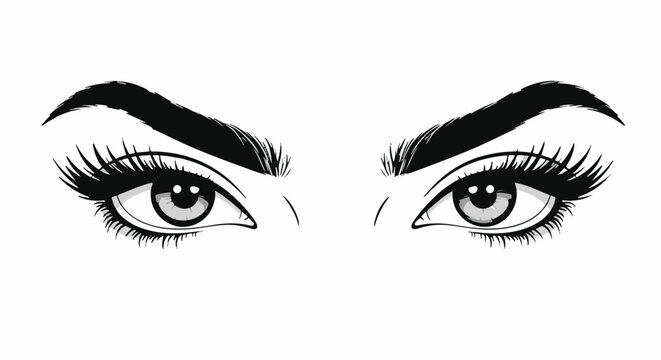 Illustration of a pair of expressive eyes with thick lashes and arched eyebrows, conveying intensity or suspicion. Black and white.
