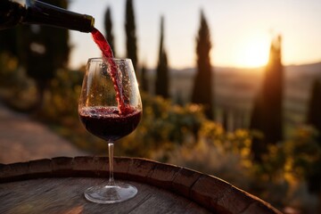 Red wine pouring into glass on rustic wooden barrel in Tuscan vineyard for luxury branding, hospitality marketing, lifestyle editorial, social media content, premium beverage promotion

