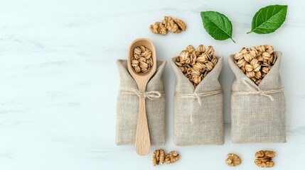 Three burlap bags filled with granola, a wooden spoon with granola, walnuts, and green leaves arranged on a white marble surface. Top view, bright lighting.