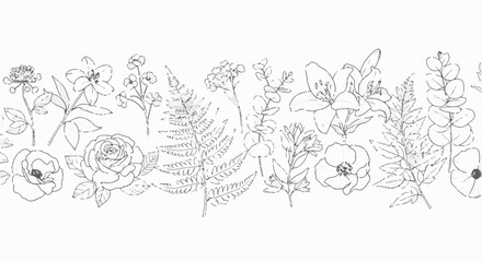 Obraz premium Line art of a floral border featuring various flowers and foliage, including roses, lilies, ferns, eucalyptus, and poppy, on a white background.