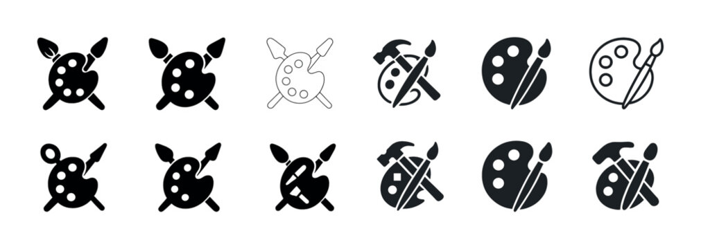Set of art icon variations: paint palettes, brushes, and tools in different styles