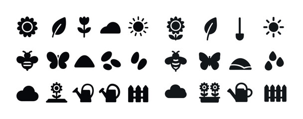 Fototapeta premium Collection of garden and nature icons featuring plants and insects silhouettes