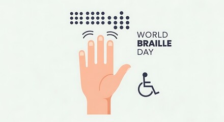Illustration celebrating world braille day with a hand touching braille and a wheelchair symbol