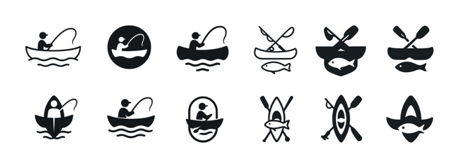 Fototapeta premium Fishing icons set: silhouette designs of fishing activities and boat paddling