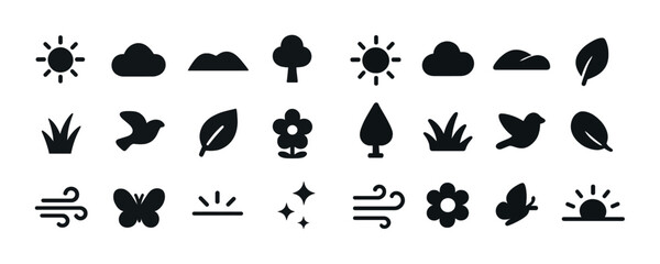Obraz premium Nature icons set: sun, cloud, tree, leaf, bird, flower, wind, butterfly