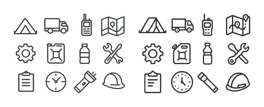 Camping and outdoor adventure icons set: tents, maps, tools, and gear essentials