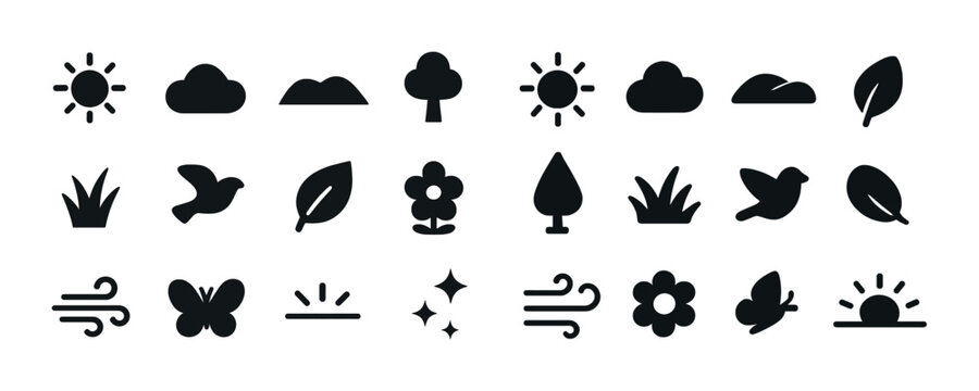 Nature icons set: sun, cloud, tree, leaf, bird, flower, wind, butterfly