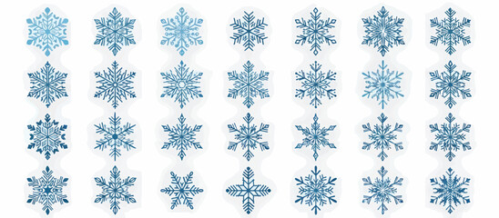 A collection of varied blue snowflakes, artistically rendered, arranged on a white background.