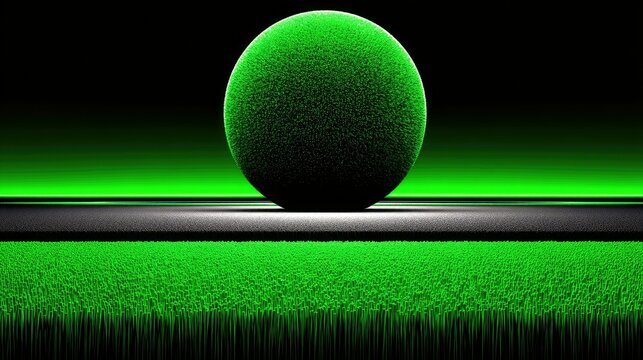 An abstract, futuristic landscape featuring a textured green sphere prominently placed on a dark surface, with a vibrant green neon glow emanating from the back