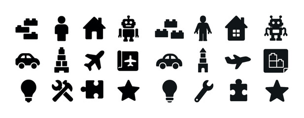 Fototapeta premium Assorted icon set featuring toys vehicles robots tools and shapes