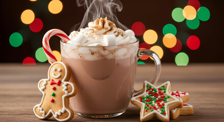Hot Chocolate Mug with Whipped Cream and Gingerbread Cookies, Cozy Christmas Drink and Treats, Festive Holiday Beverage with Bokeh Lights, Warm Cocoa and Sweets Still Life, Isolated Mug and Cookies.
