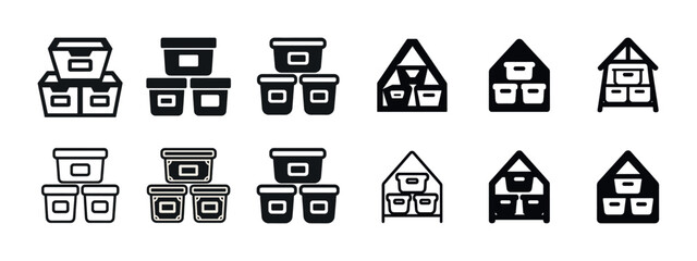 Set of black storage containers and organizers icons in various shapes