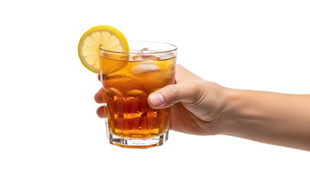A hand holding a glass of iced tea with lemon slice.