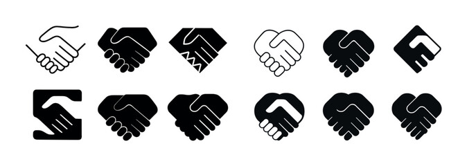 Collection of twelve diverse handshake icons in black and white