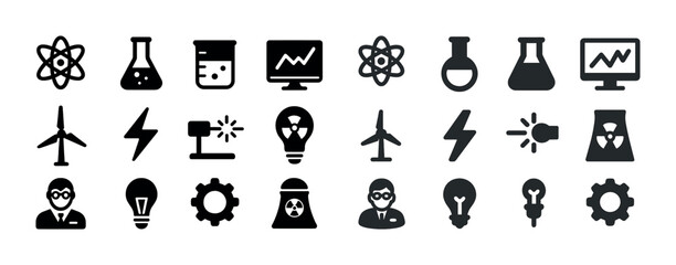 Science and technology icon set: laboratory, energy, innovation, strategy