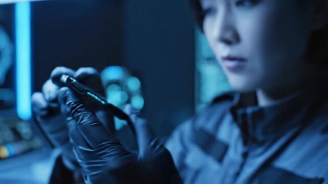 Focused Female Scientist Examining Futuristic Circuit Board in High-Tech Laboratory with Blue Ambient Lighting and Data Displays