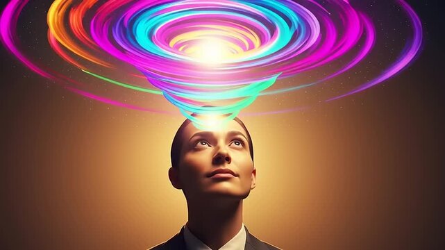 Conceptual visualization of human consciousness, with a flow of creative thoughts forming a vibrant, swirling light runway
