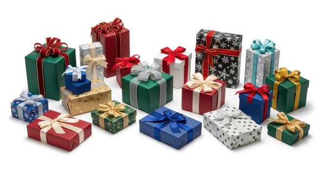 A collection of colorful gift boxes with ribbons and bows on a white background.