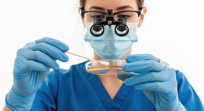 A healthcare professional wearing blue gloves and a mask, holding a petri dish with a sample in it.