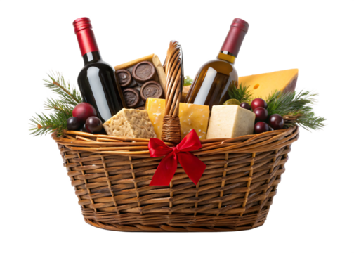 Gourmet Gift Basket Delight: An exquisitely arranged gift basket, overflowing with gourmet treats, offering a luxurious assortment of fine wine, artisanal cheese, and delectable accompaniments.