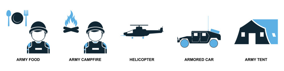Set Military Icon Vector Ideal for applications, games, or graphic design projects related to armed forces, defense, conflict, and specialized equipment.