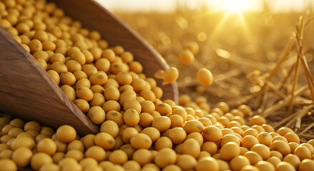 Golden soybeans spilling from a wooden scoop onto a field with sunlit background