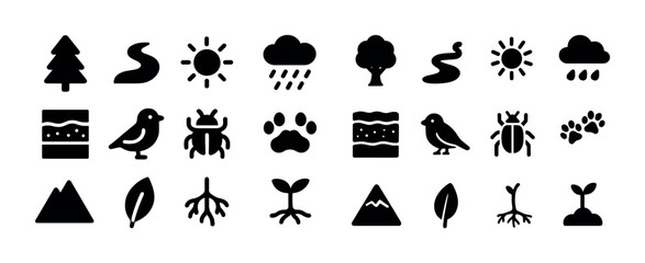 Fototapeta premium Nature icons collection: trees, weather, animals, and plants in bold black silhouettes