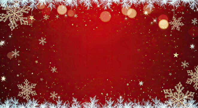 A festive red background with snowflakes and stars, featuring a golden frame with a red background.
