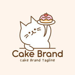 Adorable bakery logo featuring cat mascot holding pink frosted cake on plate with cherry. Cute illustration with soft pastels for patisserie branding and packaging.