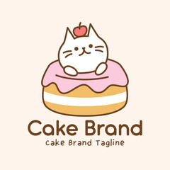 Cute bakery logo featuring cat mascot emerging from pink frosted cake with cherry on head. Playful illustration for dessert shop branding and packaging.
