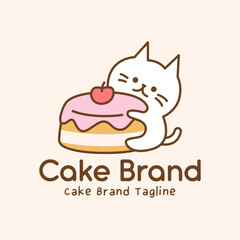 Charming bakery logo featuring cat mascot hugging pink frosted cake with cherry. Cute illustration with soft pastels for patisserie branding and packaging.