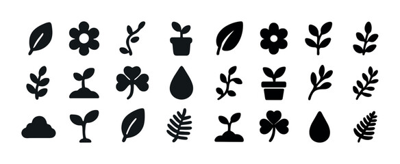 Fototapeta premium Black plant and leaf icons collection: nature symbols and organic elements