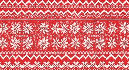 A festive red and white Christmas sweater with snowflakes and stars on a red background.