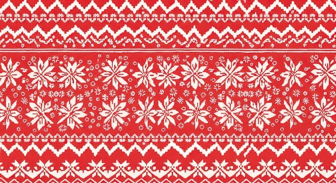 A festive red and white Christmas sweater with snowflakes and stars on a red background.